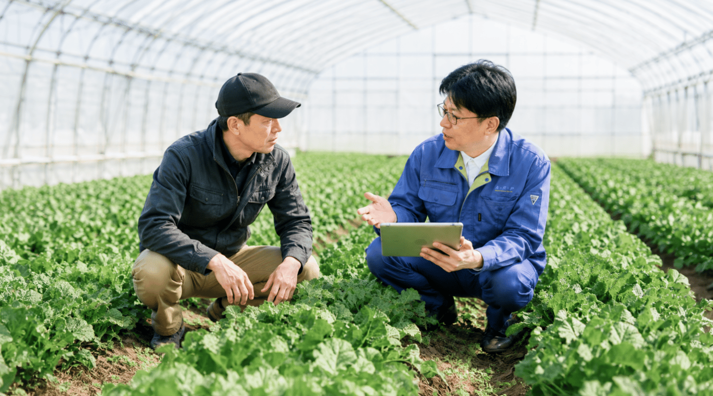 ビニールハウスで作物を確認しながら話す担当者と生産者